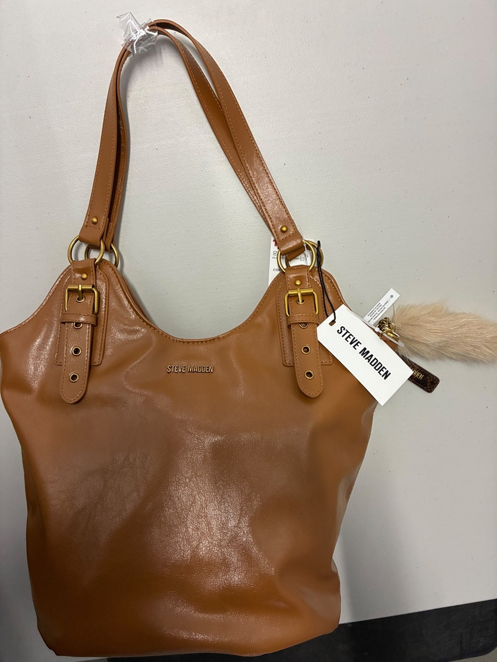 Steve Madden Cognac Leather Shoulder Tote with Gold Hardware